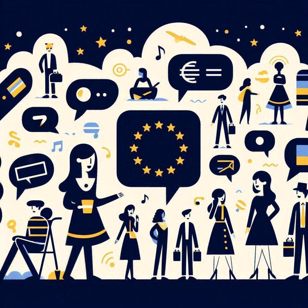 Illustration de la Journée européenne des langues avec des personnages de dessins animés qui discutent